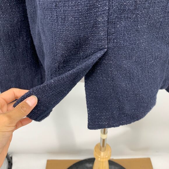 Eileen Fisher Blazer Womens Medium Navy Cotton Linen Blend Tweed Snap Buttons - Picture 6 of 11
